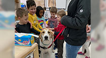 Students petting a therapy dog.