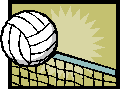 A volleyball going over a net