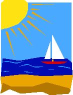 A beach scene with the sun and a boat