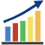 A bar graph with an arrow going up